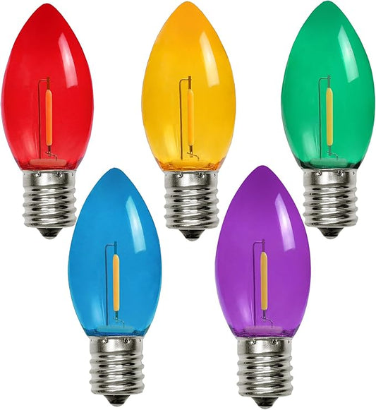 KGC C9 LED Replacement Christmas Lights Bulbs-0.6W Equivalent to 7W, C9 Shatterproof & Waterproof Plastic LED Bulbs, E17 Screw for Indoor Outdoor Patio String Lights - Multicolor 25 Pack