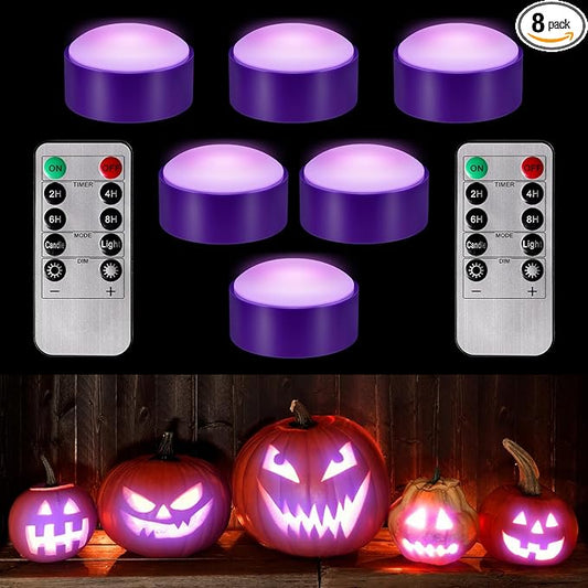 Riakrum 6 Pieces Remote Timer LED Lights with Remote LED Pumpkin Lights Battery Operated Lantern Bright Flameless Candle(Purple,Purple Light)