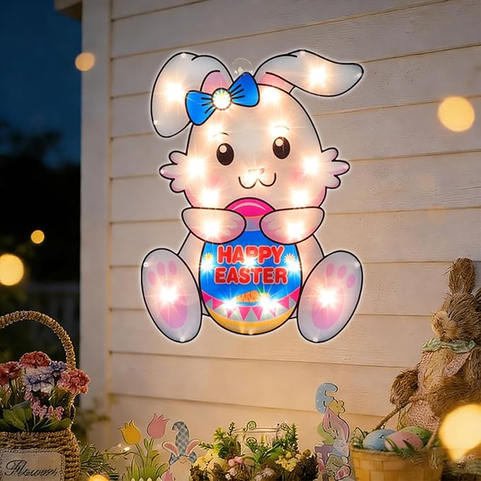 17" 20LED Lighted Bunny Easter Decor - UL Certified, Soft Warm Glow, Window & Hanging Accent, Compact Holiday Ornament, Pretty Gift Box Packed
