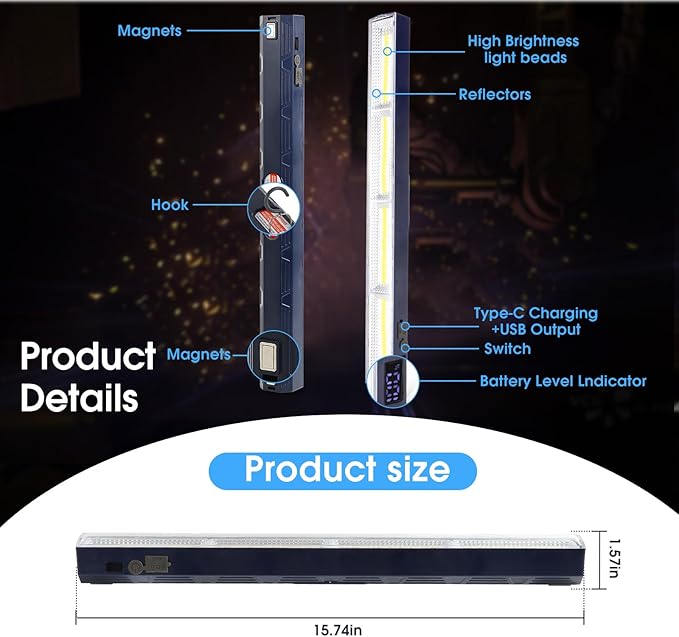 Magnetic Light BAR,15.75-inches 7500mAh 8000 Lumens Rechargeable Portable Lamp Built-in 216-LED Bulbs,with Handy Hook with 2 Magnets Endurance
