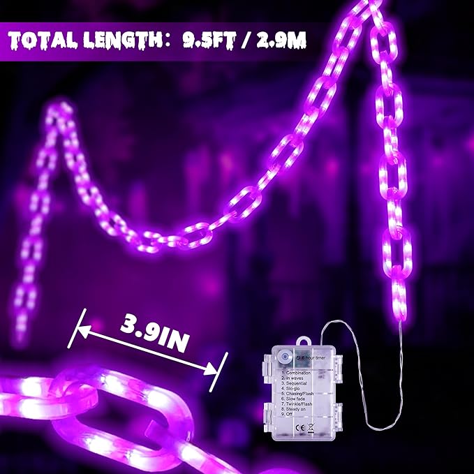 Joomer Battery Operated Halloween Lights Outdoor, 9.5 FT 160 LED Waterproof Halloween Decorative Plastic Chain String Lights, 8 Lighting Modes and Timer Function, Suitable for Outdoor Indoor (Purple)