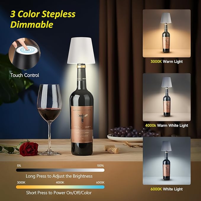 2025 New Wireless Bottle Lamp - LED Bottle Lights for Liquor & Wine Bottles, Cordless Lampshade, Whiskey Bottle Top Light, Bottle Stopper Night Light Kit, Rechargeable 3-Tone Touch-Dimmable