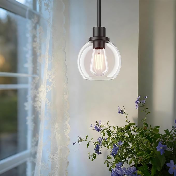 Ralbay Black Pendant Light Kitchen Island Industrial Pendant Light Fixtures with Globe Clear Glass Shade, Farmhouse Dining Room Hanging Lighting Fixture for Kitchen Island, Matte Black 2-Pack