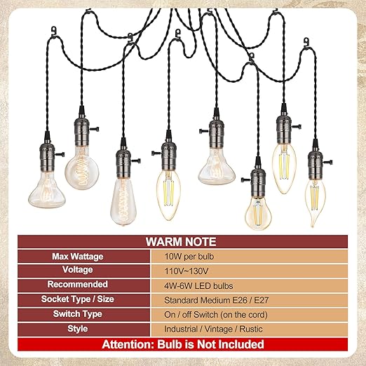 1 Pcs Vintage Pendant Light Sockets Light Cord Kit with Switches DIY Bulb Socket with Cord for E26 E27 Lamp Socket Lantern Bedroom Living Room Decor (1 Plug with 8 Sockets,Black)