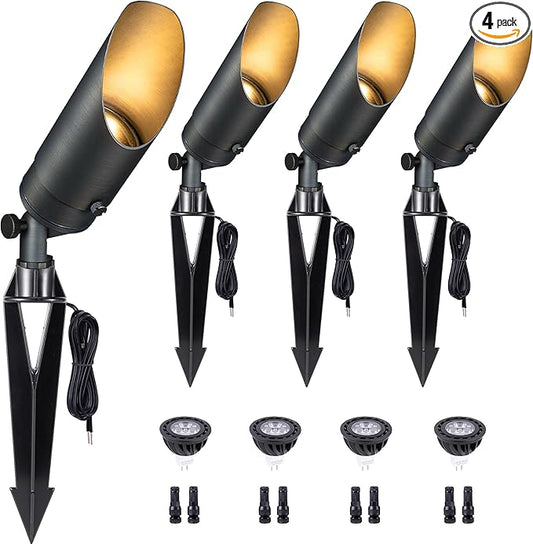 Gardenreet Brass Landscape Lighting - Low Voltage Outdoor Spotlights, Wired LED Uplights 12V, Waterproof Spot Lights, Antique Bronze for Outside Trees with 5W 4000K Natural White MR16 Bulb (4 Pack)
