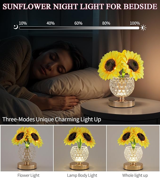 Sunflower Lamp Gifts for Women,Rechargeable Cordless Touch Lamp with 3-Colour Dimming,Crystal Vase Flower Light for Birthday Gifts,Mother's Day for Mom,Christmas,Home Decor,Bedroom