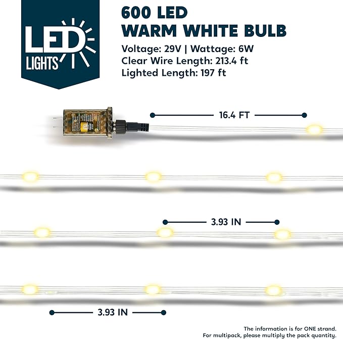 Joiedomi 600 LED Christmas Lights Outdoor,197 FT Warm White Christmas Tree Lights with 8 Modes Timer, PVC Clear Wire String Lights with Reel for Indoor Outdoor Holiday Xmas Eve Night Decorations