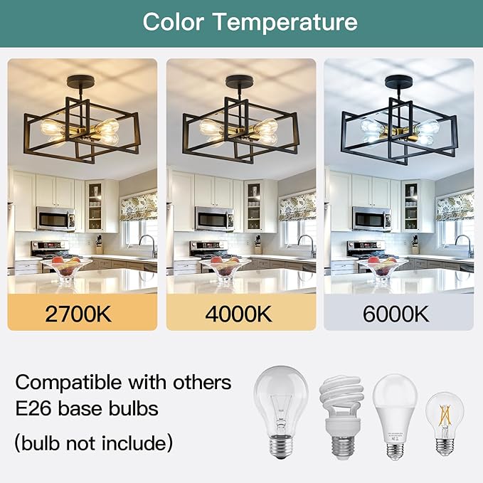 ZGLAOJT 4-Lights Close to Ceiling Light Black and Gold Light Fixture Industrial Flush Mount Ceiling Light Farmhouse Chandelier Lighting for Kitchen Island Dining Room Bedroom Foyer Hallway.