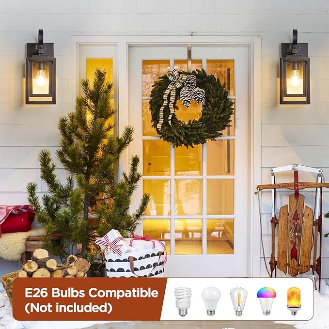 2-Pack Outdoor Wall Lights with Waterproof, Exterior Lighting Fixtures Wall Mount, Black Finish with Gold Trim Porch Lights Outdoor Wall Sconces Lanterns, Modern Coach Lights for House, Doorway