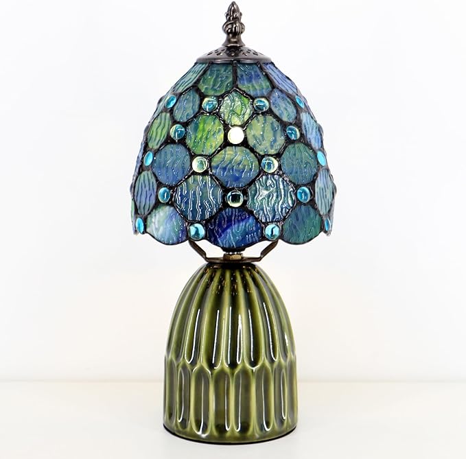 Tiffany Lamp Stained Glass Mushroom Table Lamps 6X6X12.5 Inch Blue Ripple Pearl Style Small Night Light Ceramic Base Mini Accent Desk Light Suitable for Bedside Table Bedroom Children Room