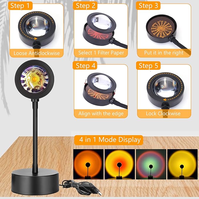 Sunset Lamp - 4 in 1 Projection Sun Lamp Create a Romantic Light with Rainbow, Sunset, Sunset Red and Sun Effect