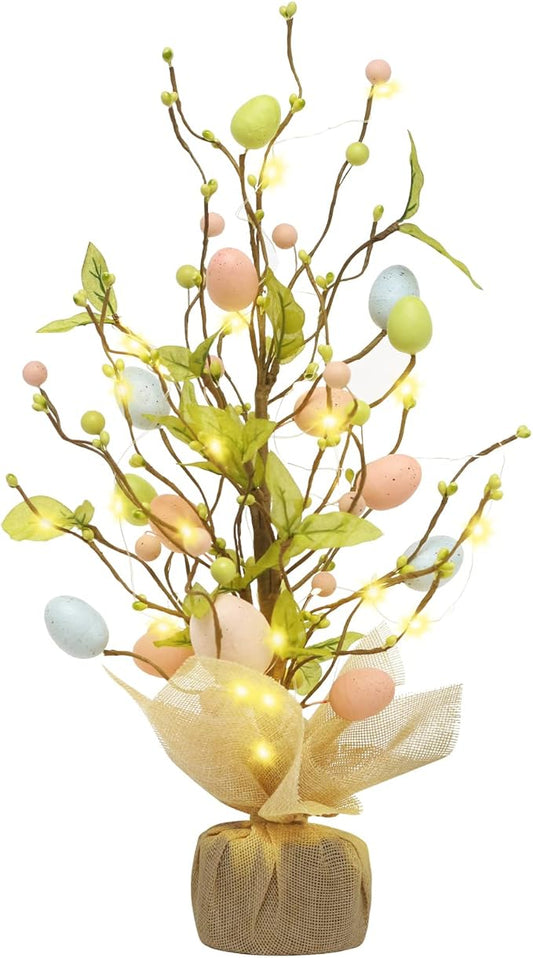 RoseCraft Easter Decorations, 18 Inch Pre-Lit Easter Egg Tree Tabletop Decor with Delicate Ornaments, for Home Party Wedding Holiday Spring Summer Decoration, Green/Pink/Blue.