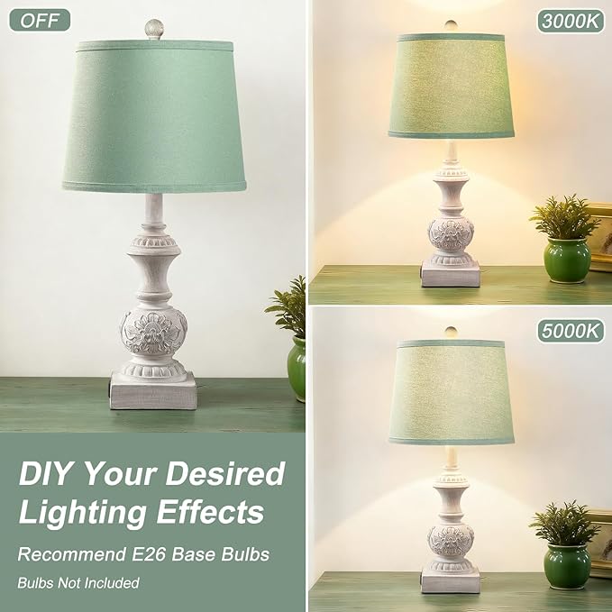 Green Bedside Lamp Set of 2 Vintage Farmhouse Table Lamps with USB A+C Ports 23.5" Floral Carved Pull Chain Boho Nightstand Lamps for Living Room Bedroom Home Office Dorm (No Bulb)