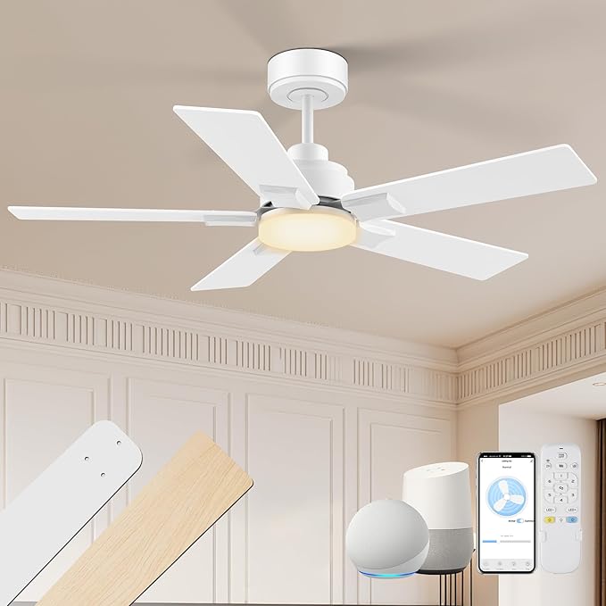 42 Inch Ceiling Fans with Lights,Smart Ceiling Fan with Light and Remote Control,Alexa,APP,White Indoor Outdoor Ceiling Fans for Bedroom,Living Room,Patio,5 Blades,Dimmable LED,6 Speed,Quiet DC Motor
