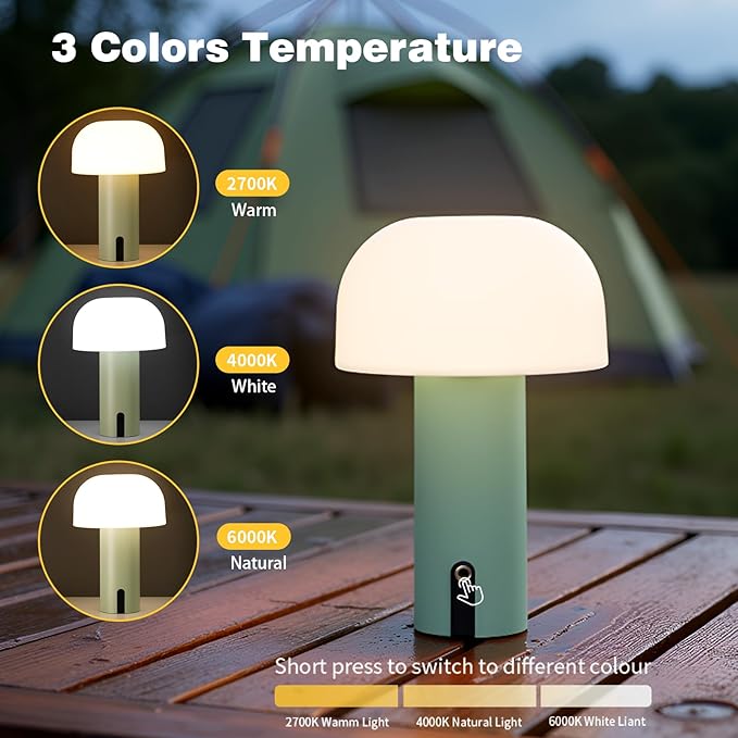 Cordless Mushroom Table Lamp for Outdoor/Indoor, Rechargeable Waterproof Battery Operated Lamp, 3-Color Touch Dimmable Light for Bedside/Shower/Patio/Camping/Dinning/Counter/Kitchen/Nursery Sage Green