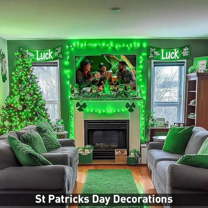 JMEXSUSS St Patricks Day Decorations, Connectable 100 LED St Patricks Day Lights, 8 Modes Plug-in Green Christmas Lights Indoor, 33ft Clear Wire Grinch Green String Light Outdoor for Grinch Tree Decor