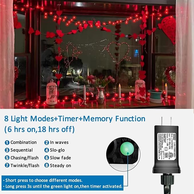 YEGUO 66ft 200 LED Red Halloween Lights Outdoor Waterproof, Green Wire Christmas String Lights Indoor, 8 Modes Twinkle Tree Light Plug in with Timer Memory