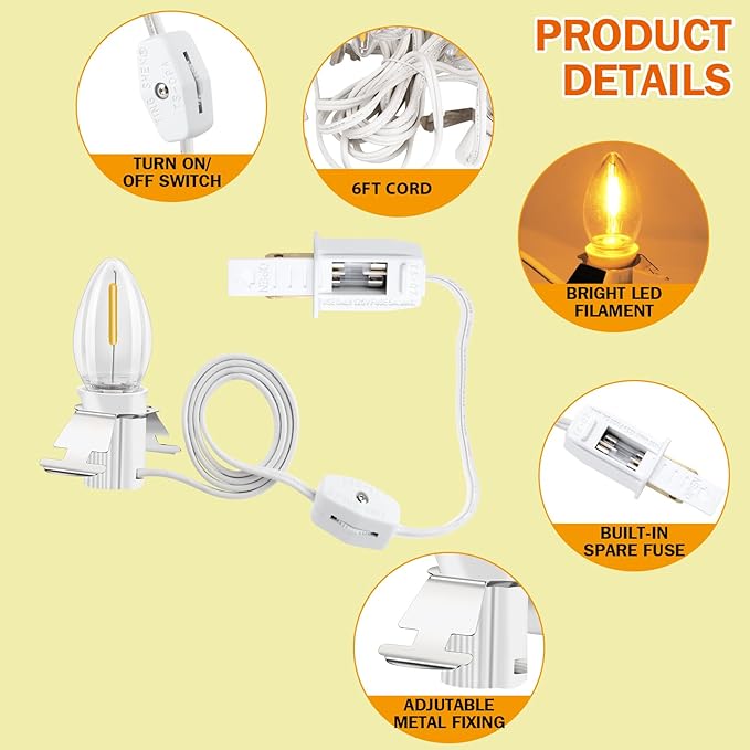 Christmas Village C7 LED Blow Mold Lights. 6Ft with Switch Fuse, Suitable for Indoor Halloween Pumpkin Lanterns, Salt Lanterns, Lantern，Holiday Lighting - Warm Light（3Pcs）