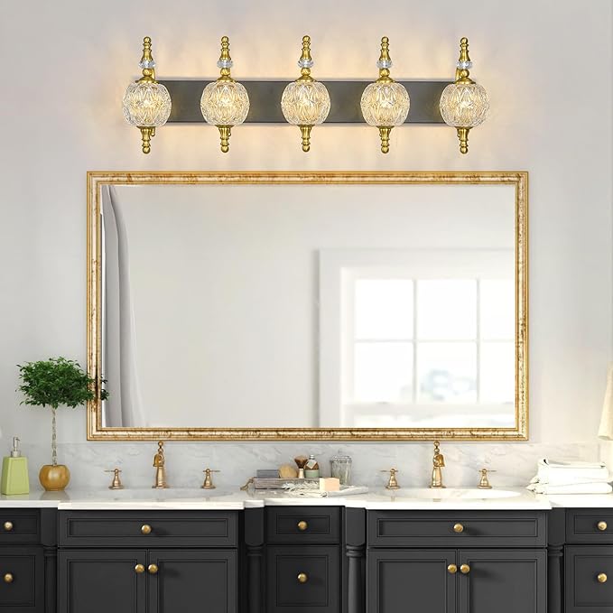 Modern Crystal Bathroom Vanity Lights Fixtures Over Mirror Black Gold Vintage 5-Lights 36 Inch Bathroom Light Fixtures Glass Crystal Vanity Lights