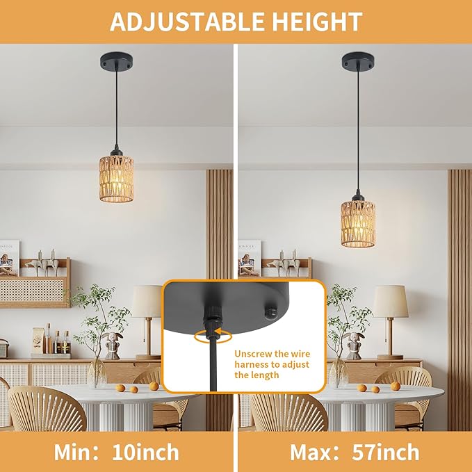 3 Pack Rattan Chandelier Pendant Lights Kitchen Island,Farmhouse Boho Chandeliers Adjustable Height Hanging lamp for Dining Room,Kitchen Ceiling Light Fixtures with Hand Woven Wicker Lampshade