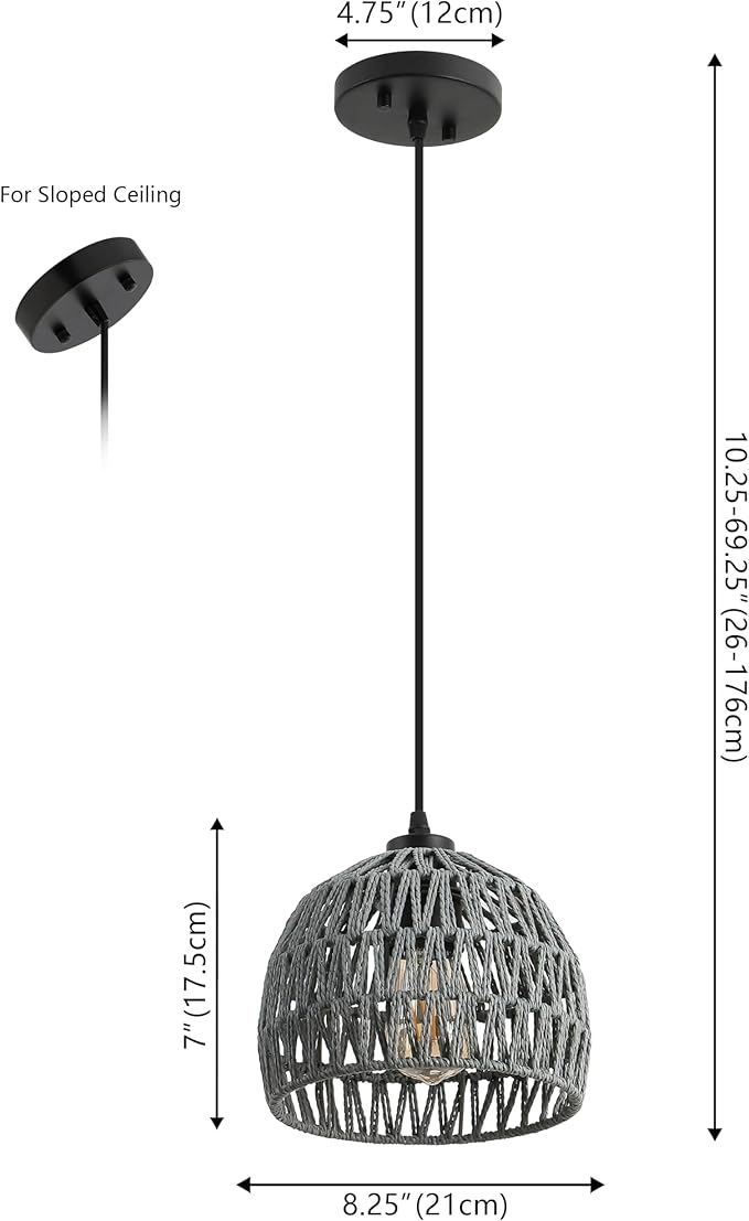JONATHAN Y 8.25" Gray Modern Bohemian Woven Rope LED Pendant Light Fixture, Adjustable Dome Ceiling Lamp for Kitchen Island, Rope Shade, Coastal Farmhouse Decor (JYL6512D)