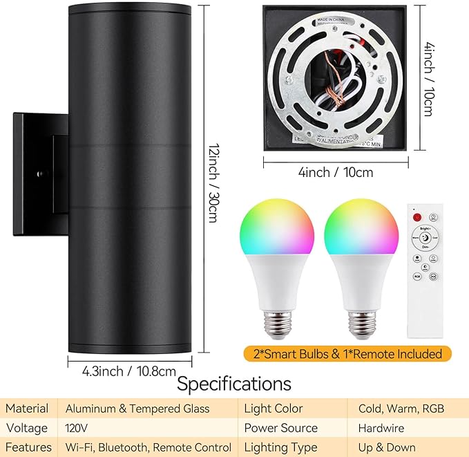 Smart Outdoor Wall Lights, RGBCW Exterior Light Fixture Dusk to Dawn Outdoor Lighting, Aluminum Color Changing Porch Lights, Ambiance Sconce, Compatible with Alexa Google Assistant