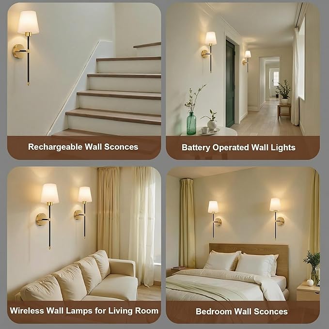 Wall Sconces Battery Operated Set of 2, Rechargeable Wall Sconce, 10 Colors Wireless Wall Sconces Set of Two, 5200mAh Dimmable Bulbs and Remote, for Bedroom Living Room, Hallway (Black-Gold - 24 inch)