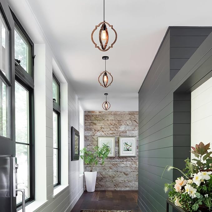 MWZ 3 Pack Farmhouse Pendant Lights Kitchen Island,Rustic 1-Light Small Distressed Wood Chandelier Light Fixture for Dining Room,Adjustable Hanging Light Fixture for Living Room Bedroom Foyer