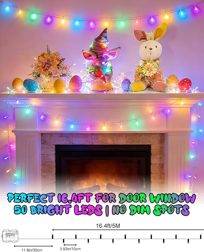 Easter String Lights Battery Operated Pastel with Timer Waterproof 8 Modes 16.4ft 50 LED Easter Decorations for Outdoor Indoor Patio Party Garden Yard Decor