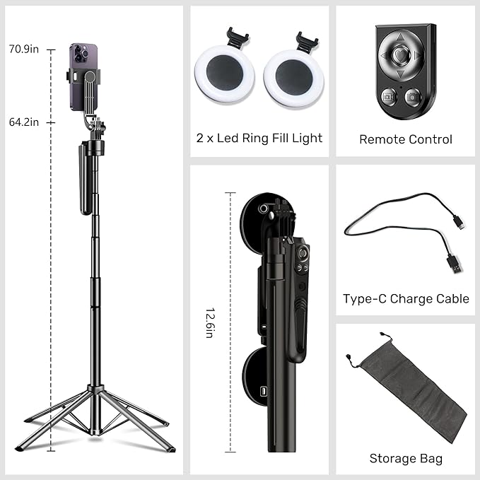 Auto Face Tracking Selfie Stick Tripod for iPhone with Light,360 Rotation That Follows Your Movement,70.9" Phone Camera Tripod Stand with Remote for Content Creator Vlog Live Stream Video Recording