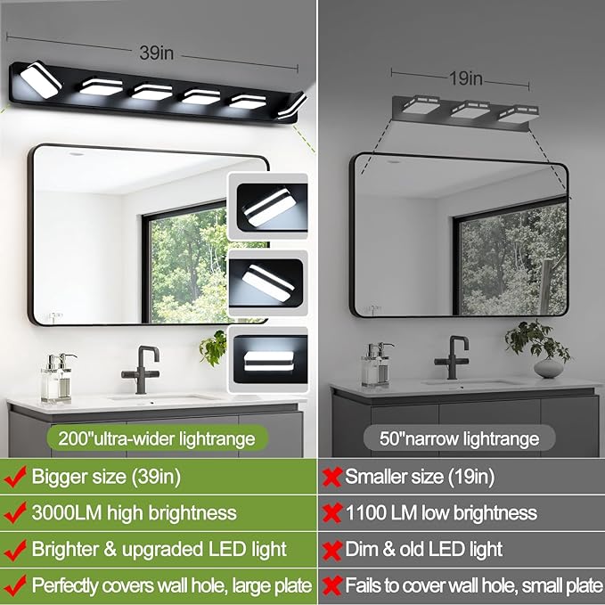 3000LM LED Modern Bathroom Vanity Light Fixtures, 360° Rotate Acrylic Matte Black Vanity Lights for Bathroom, Modern Wall Lighting Fixtures Over Mirror Kitchen Living Room (Natural White Light 5000K)