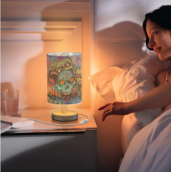 Graffiti Art Zombie Green Scary Walking Dead Bedside Table Lamps with USB Port for Bedroom Lamp Accent Table Lamp Small Nightstand Lamp Sturdy Linen Shade Wood Decorative Lamps for Home|Kids|Holiday