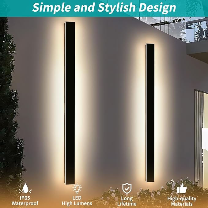 Mikeru 2 Pack 71inch Modern Outdoor Wall Sconce, 3000K/4500K/6000K 3 Color Temperature LED Exterior Light Fixtures, Modern Long Porch Lights Wall Sconce for Garage, Doorway, Porch, Patio