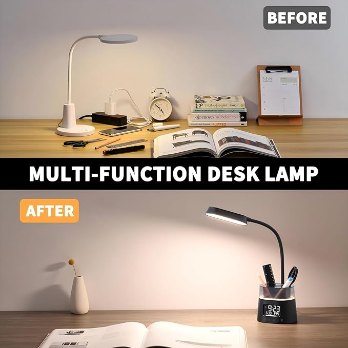 Led Desk Lamp for Home Office, Touch Table Lamp with Pen Holder, 3 Color Modes Stepless Dimmable Reading Light, Gooseneck Lamp for Dorm Room, Bedside Study Light with Clock for Kids, Girls, Boys