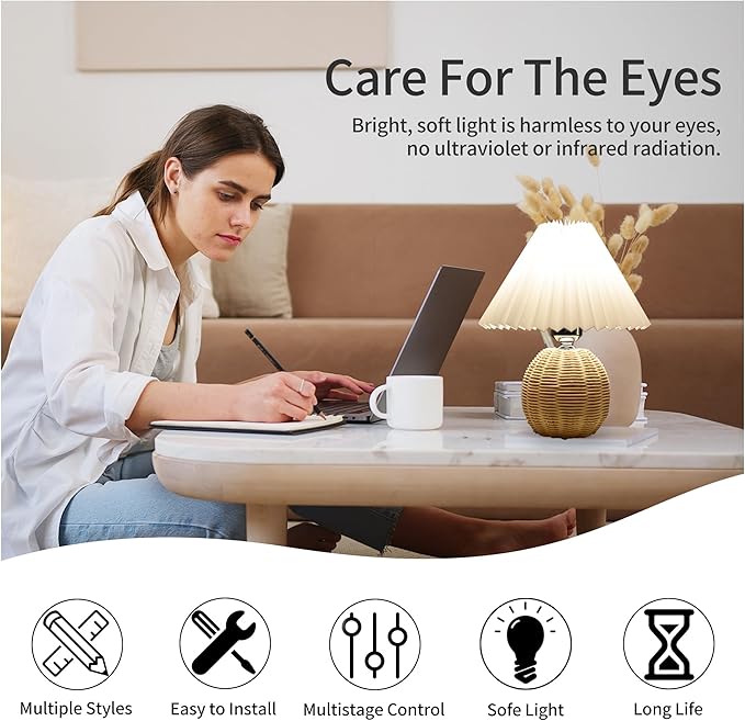 Korean Pleated Table Lamp Ins DIY Ceramic Table Lamps for Living Room Home Deco Cute Lamp with Tricolor Led Bulb Beside Lamp… Rattan and White
