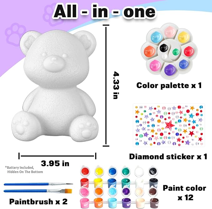 FUNZBO Paint Your Own Bear Lamp Kit - Arts and Crafts Supplies Painting Kits for Kids Teens, DIY Night Light Toy for Toddlers Girls Boys Ages 3 4 5 6 7 8 9 10 11 12 Christmas Birthday Gifts