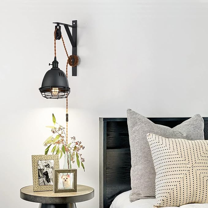 SEEBLEN Vintage Design Industrial Wheel Farmhouse Wall Mount Set of 2,Pulley Wall Pendant Lamp with 7-Foot Brown Plug and Switch, Adjustable Wall Sconce Sand Black Iron Cage Wall Light