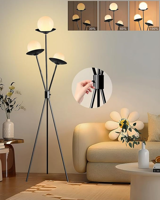 Lightdot Tripod Floor Lamp Dimmable Globe Floor Lamps with 3 LED Bulbs, 3000K Soft Warmwhite Mid Century Modern Standing Lamps Black Tall Lamp for Living Room/Bedroom/Sofa Beside/Corner Decor