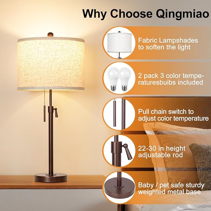 Table Lamps for Bedrooms Set of 2: 22" to 30" Height Adjustable Nightstand Lamps with White Linen Shade | Pull Chain Switch | Marble Base - 3 Way Dimmable Beside Lamp (Brown)