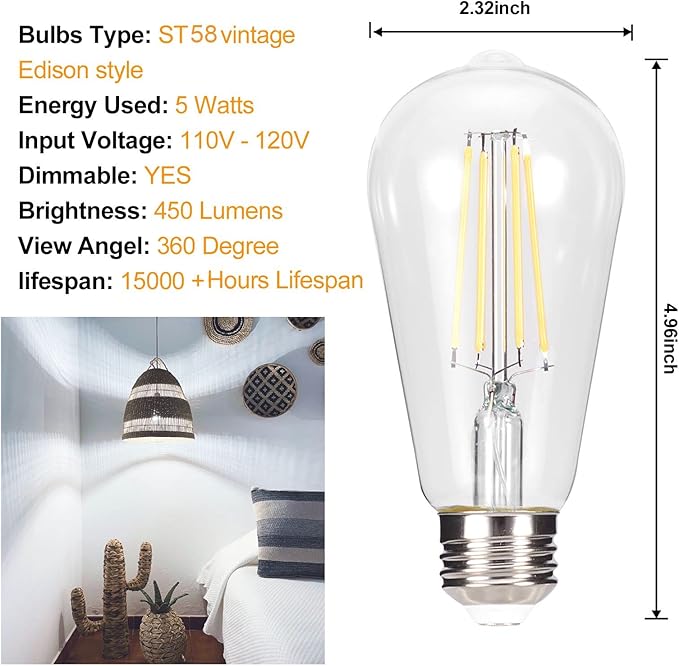 truestory Dimmable Vintage LED Edison Bulbs, 5W, Equivalent 50W, 450lm, Daylight White 4000K, ST19(ST58) LED Filament Bulbs, E26 Medium Base, Clear Glass, Pack of 6 (Cold Light)