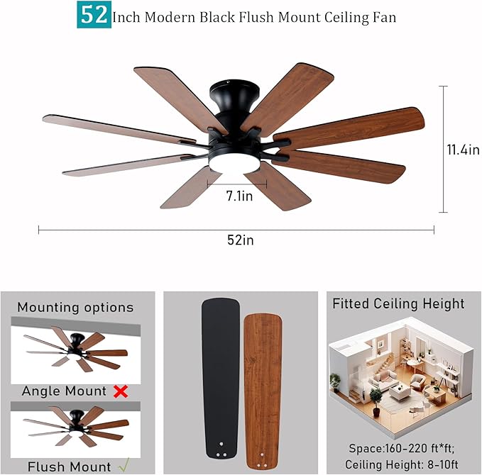 KNUN 52 Inch Ceiling Fan with Light, Low Profile Ceiling Fan with Remote and APP Control, 8 Blades, Noiseless, DC Motor, Flush Mount Ceiling Fans for Bedroom Living Room, Indoor/Outdoor Brown