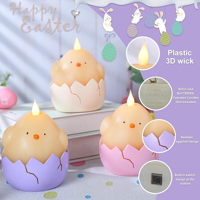 3PCS Easter Hatching Chick Flameless Candles – Easter Candles with Remote, Battery Operated LED Egg Candles in Pink Purple Ivory, Flickering Flame & Timer for Spring Table Centerpiece, Home
