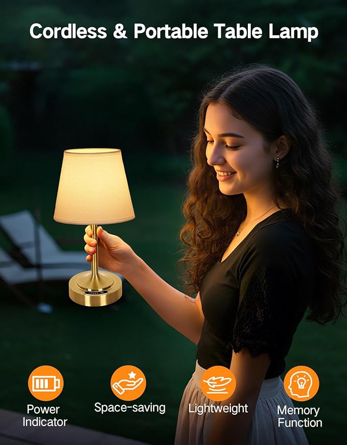 OUTON Cordless Rechargeable Table Lamp – 3 Color Temperatures, Battery Display, Touch Dimmable LED Light, USB-C Charging, Fabric Shade, Memory Function for Bedroom, Living Room, Patio (Small-Gold)
