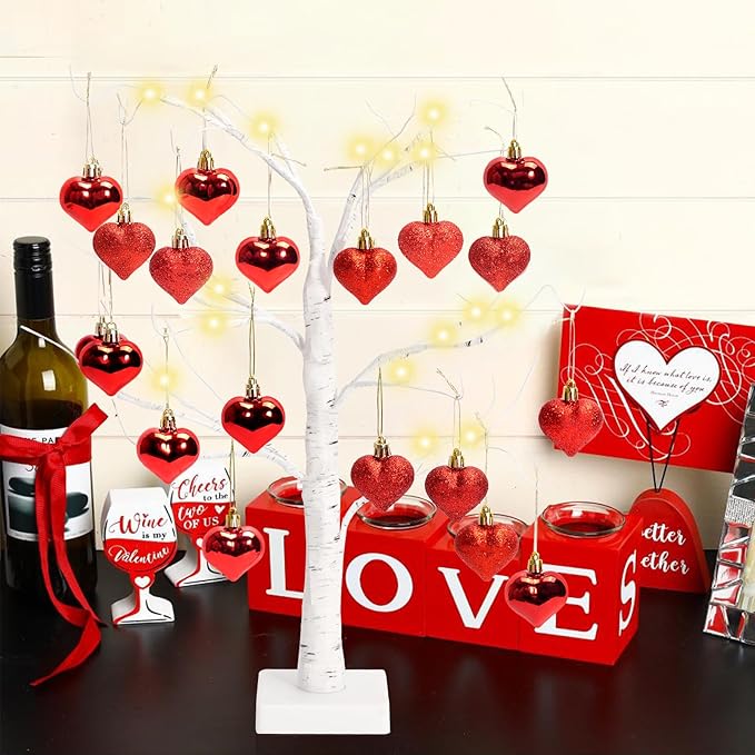 24" Valentine's LED Lighted Birch Tree with 18pcs Ornaments,Warm White LEDs Birch Tree Light Tabletop Artificial Tree 8 Lighting Modes USB or Batteries Operated with Timer for Valentine