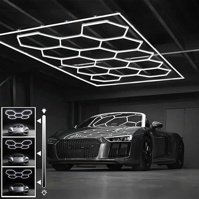 Hexagon Garage Lights Dimmable: Upgraded 3 Level 20% 50% 100% Dimmable 14 Hex Grid with Frame, 6500K Honeycomb Celling LED Garage Lights for Basement, Warehouse, Auto Beauty Car Detailing Shop