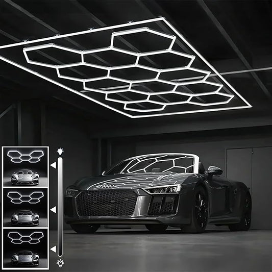 Hexagon Garage Lights Dimmable: Upgraded 3 Level 20% 50% 100% Dimmable 14 Hex Grid with Frame, 6500K Honeycomb Celling LED Garage Lights for Basement, Warehouse, Auto Beauty Car Detailing Shop
