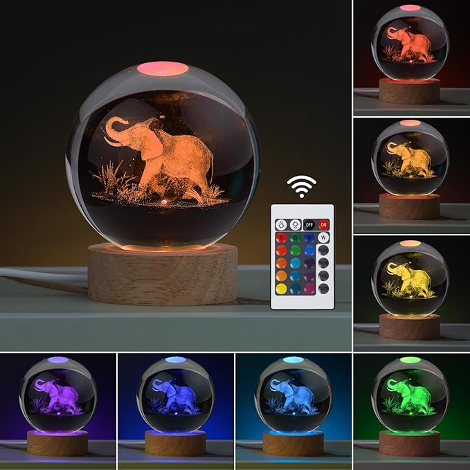 Large 3D Elephant Lamp Crystal Ball Night Light, 16 Color Changing with Remote Control for Bedroom Decor, Ideal Cool Desk Decor Gift for Teens Boys and Girls, Elephant