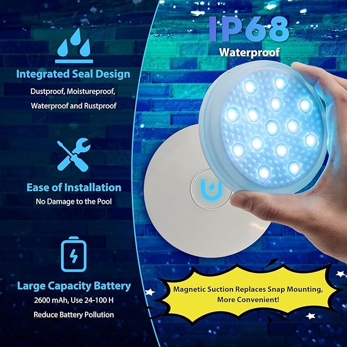 4-Pack Rechargeable Pool Lights with Remote, 16 Color IP68 Waterproof LED Lights for Inground/Above Ground Pools, Hot Tubs - 3 Mounting Options (Magnet/Glue/Suction)