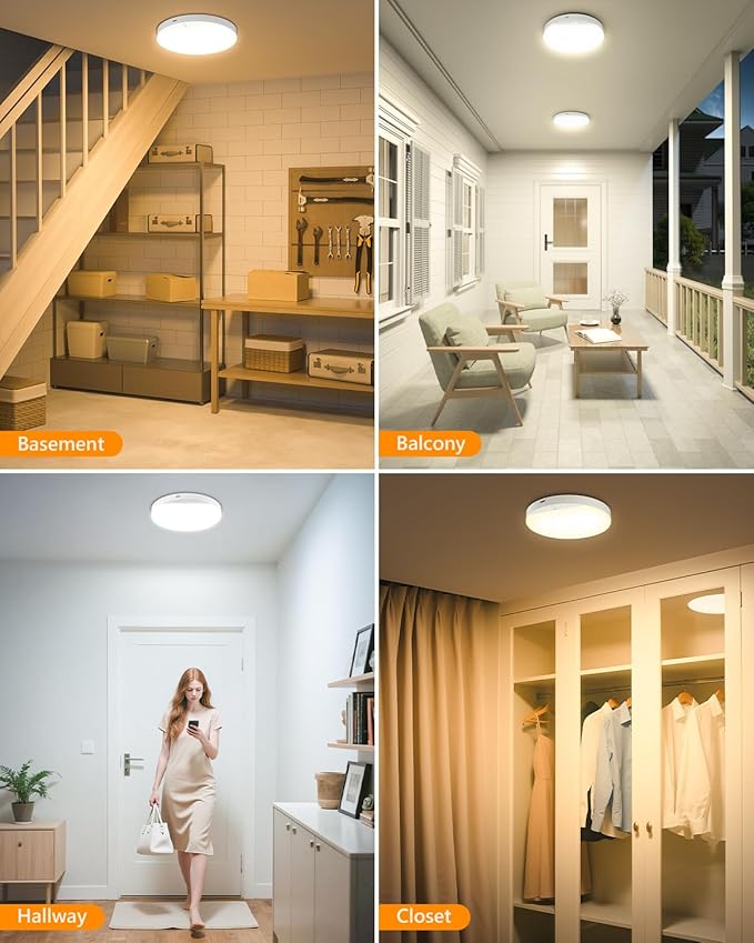 Rechargeable 6W Motion Sensor Ceiling Light Indoor, Wireless Magnetic Stick-On, Remote Control for Color & Brightness, Battery Operated Light for Shower, Closet, Bathroom, Pantry, Hallway, 2-Pack