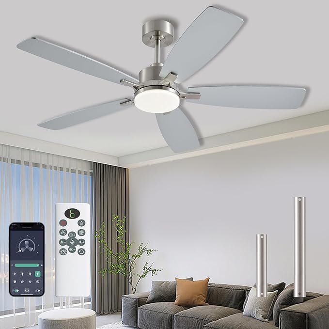Ceiling Fans with Lights, 52 Inch Low Profile Ceiling Fan with Light and Remote Control, 2 Downrods, DC Reversible Motor, Dimmable LED Ceiling Fans for Bedroom,Indoor/Outdoor Patio Use（Nickel）